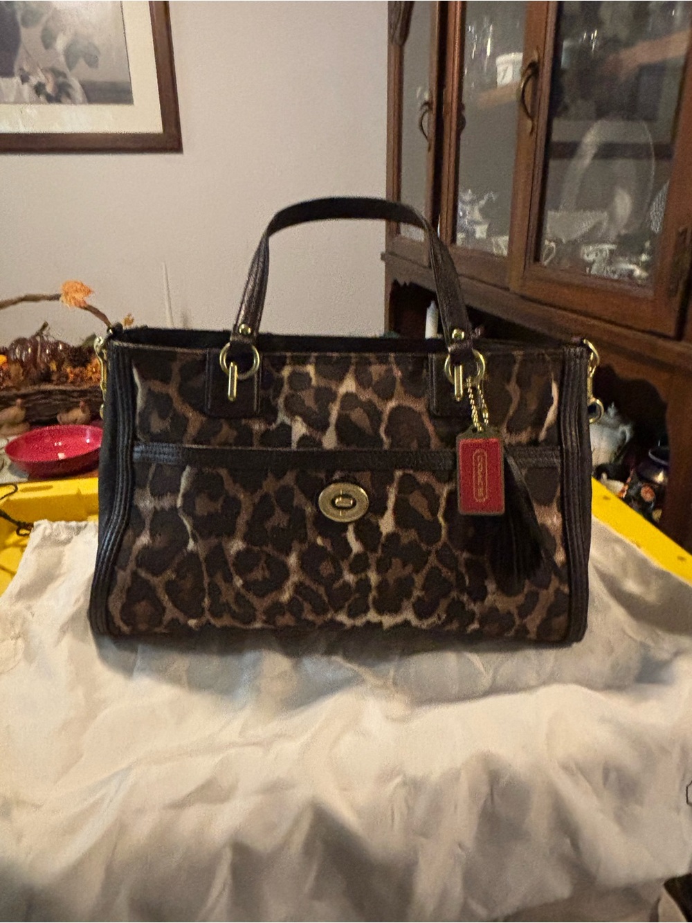 Coach Leopard-Print Satchel with Dark Brown Trim and Gold Hardware